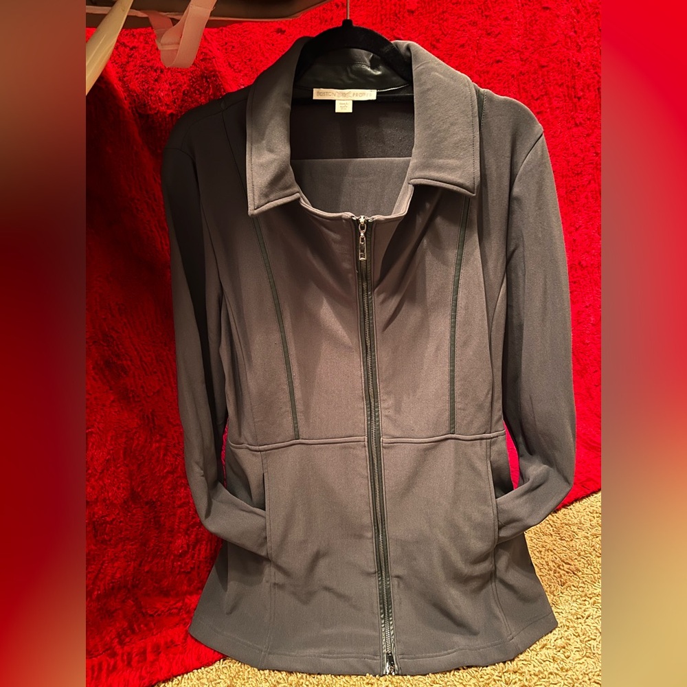 Boston Proper Charcoal Utility Jacket w/ matching pants &faux blk leather detail
